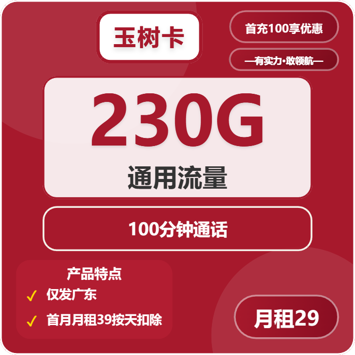 联通玉树卡29元/月：230G流量+100分钟通话（4年套餐，仅发广东省内）