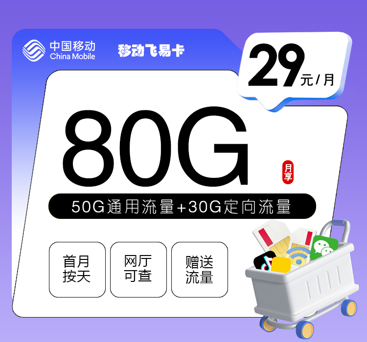 移动飞易卡29元/月：80G流量+通话0.1元/分钟