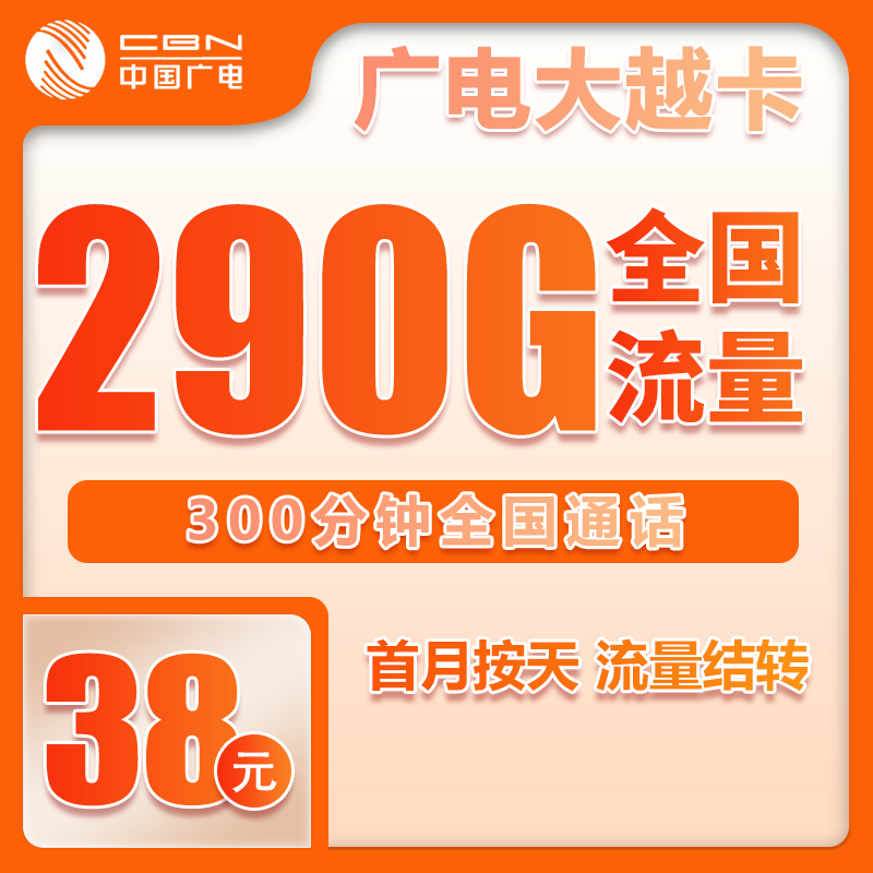 广电大越卡①38元/月：290G流量+300分钟通话（长期套餐）