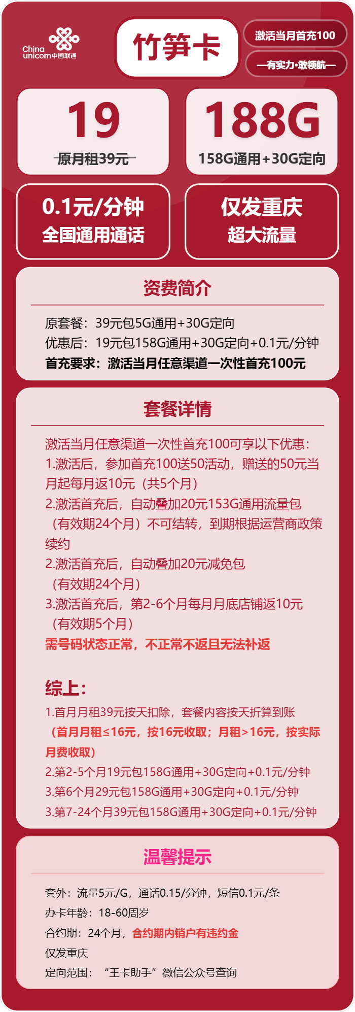 联通竹笋卡19元/月:188G流量+通话0.1元/分钟(第6个月起29元月租,第7个月起39元月租,长期套餐,仅发重庆市内)