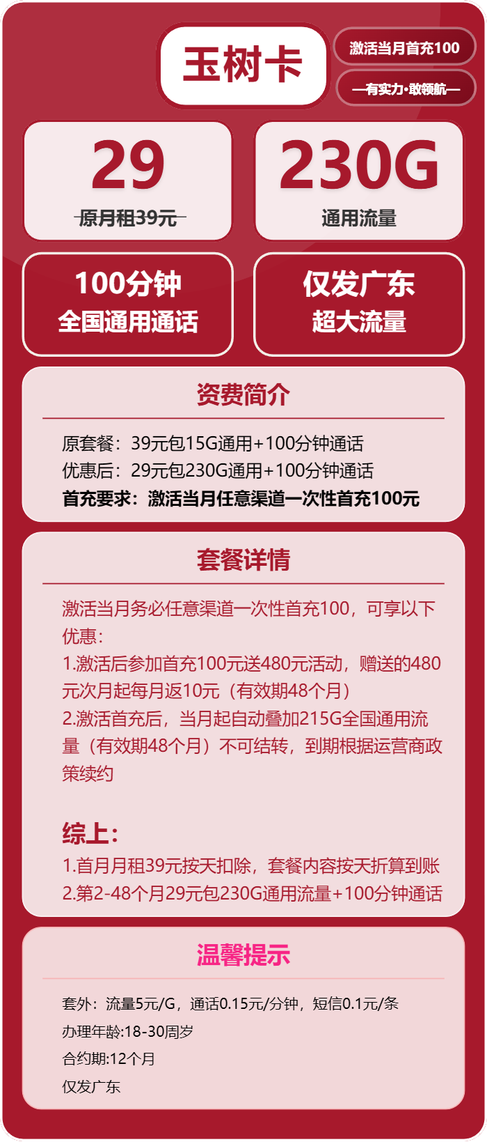联通玉树卡29元/月:230G流量+100分钟通话(4年套餐,仅发广东省内)