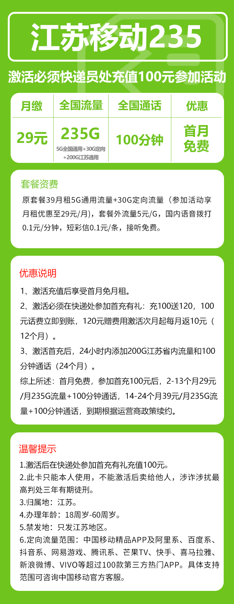 移动江苏235卡29元/月:235G流量+100分钟通话(第14个月起39元月租,仅发江苏省内,可选号)