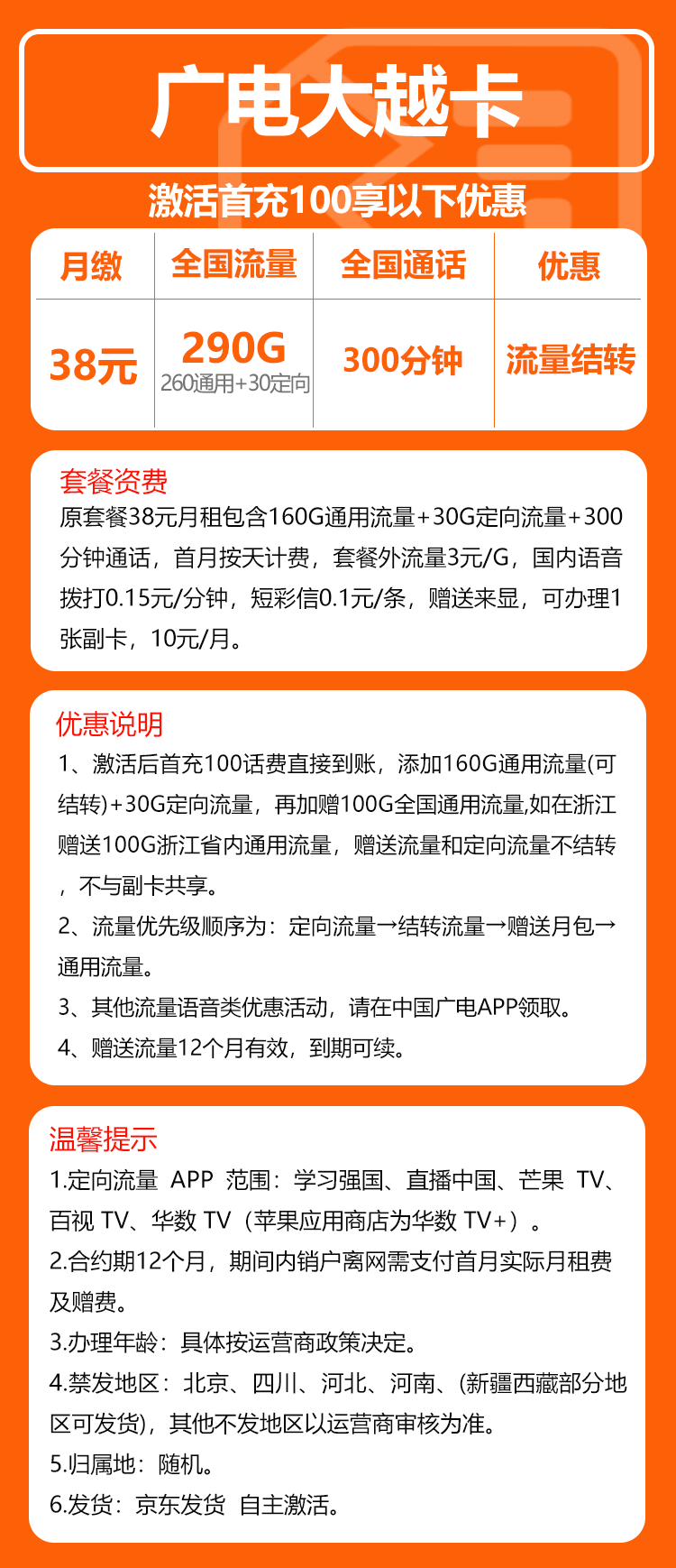 广电大越卡①38元/月:290G流量+300分钟通话(长期套餐)