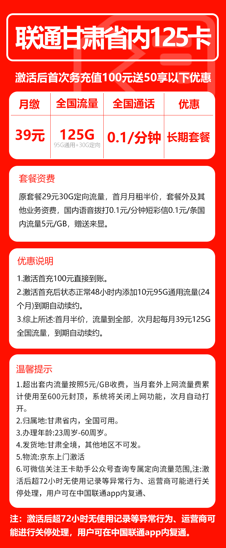 联通甘肃省内125卡①39元/月:125G流量+通话0.1元/分钟(长期套餐,仅发甘肃省内,可选号)