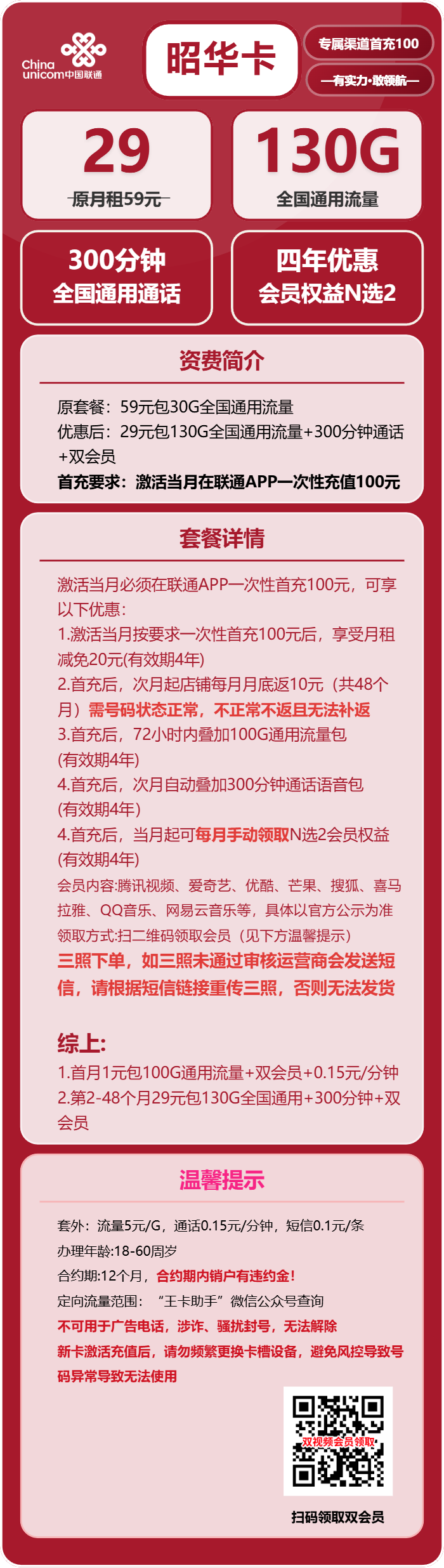联通昭华卡29元/月：130G流量+300分钟+双会员（4年套餐，送4年双视频会员）