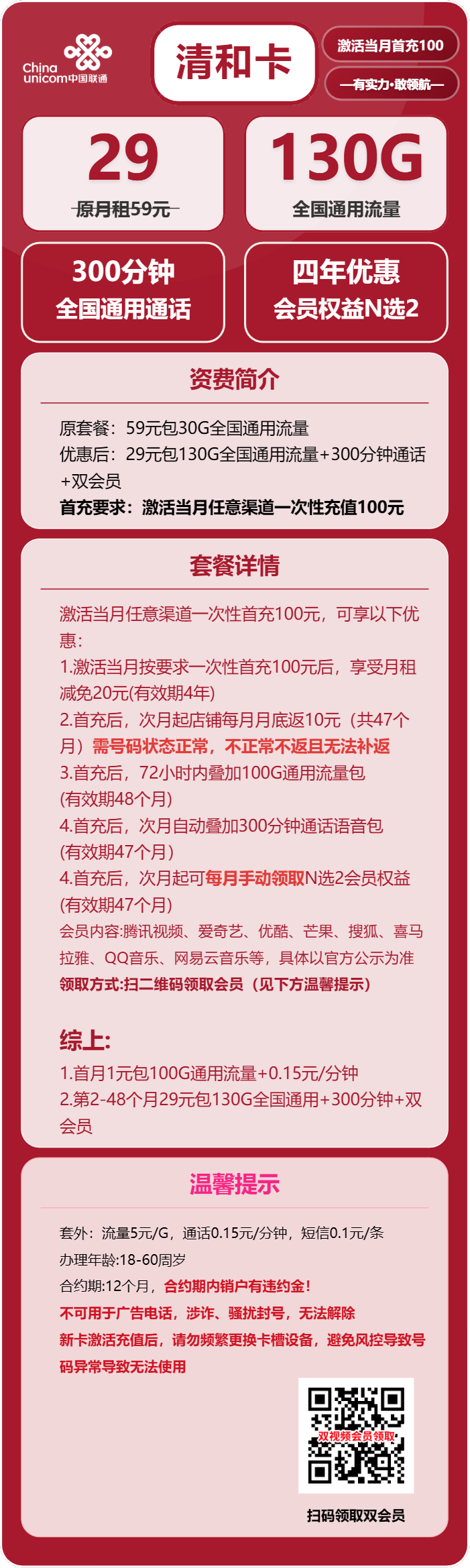 联通清和卡29元/月:130G流量+300分钟通话+双会员(4年套餐,送4年双视频会员)