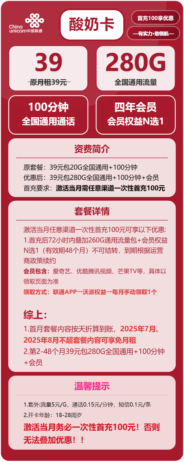 联通酸奶卡39元/月：280G流量+100分钟通话+视频会员（4年套餐，送4年视频会员）