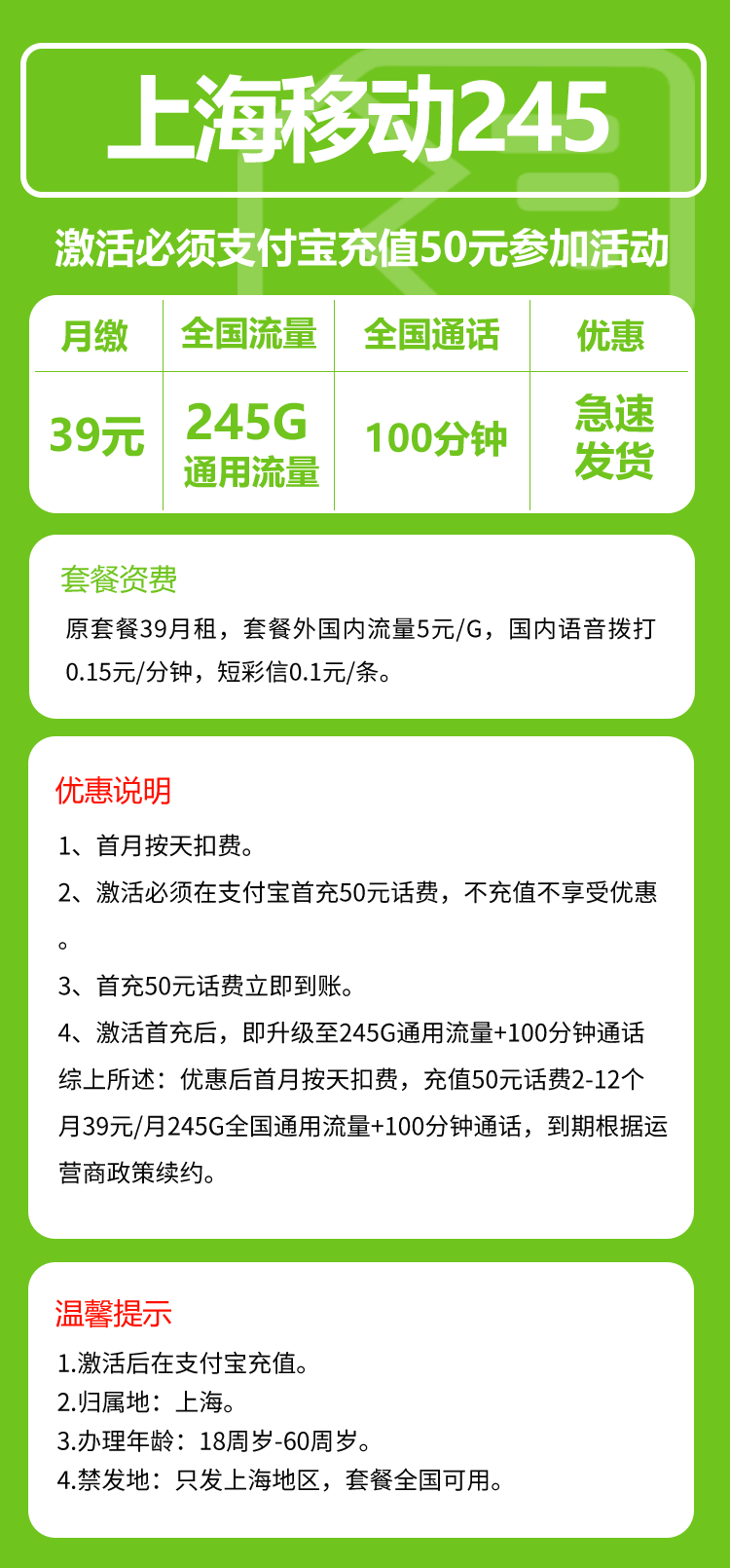 移动上海省内245卡39元/月:245G流量+100分钟通话(仅发上海市内)