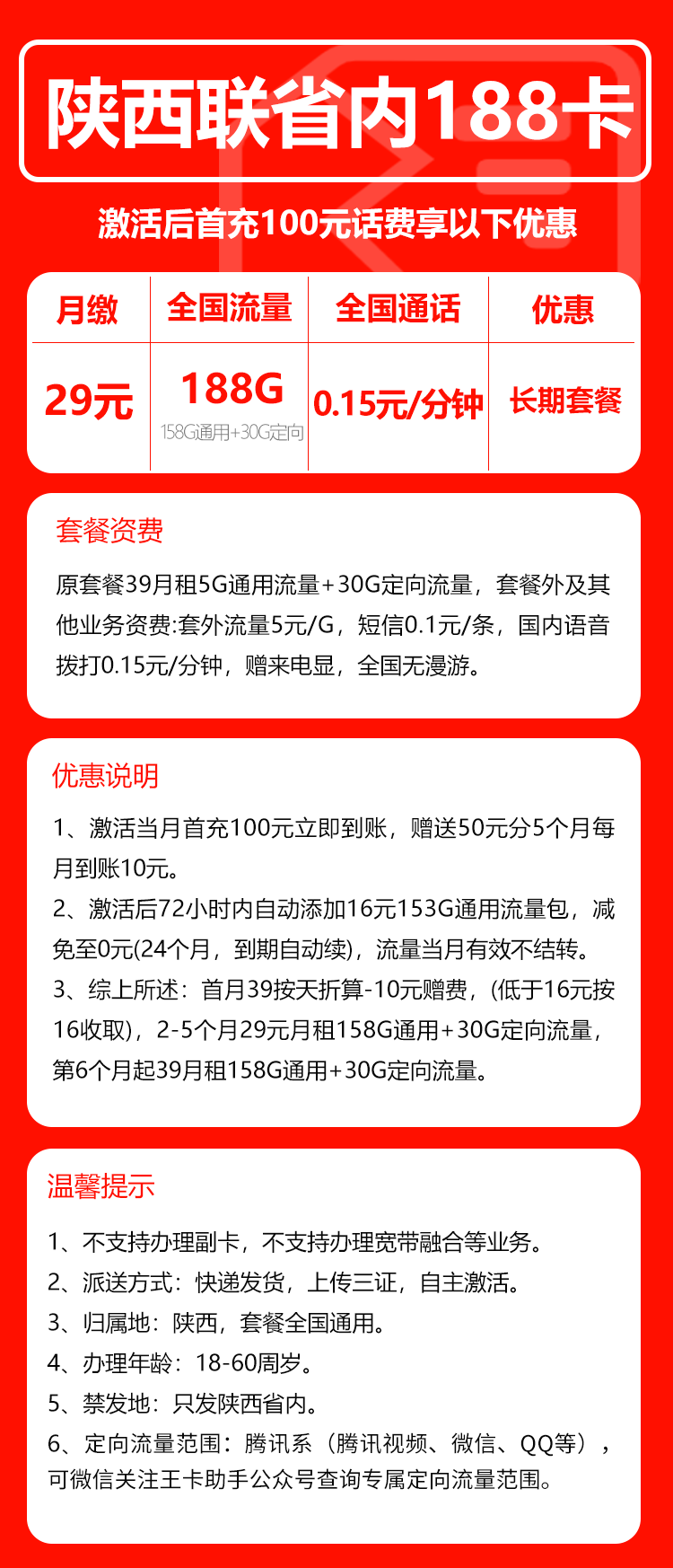联通陕西省内188卡②29元/月:188G流量+0.15元/分钟(长期套餐,只发陕西省内,可选号)