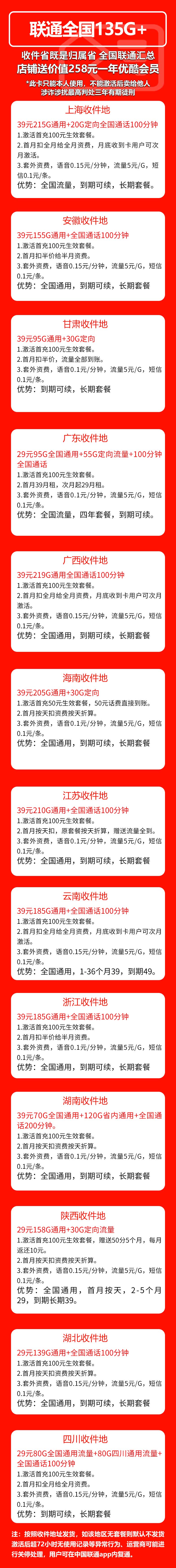 联通全国卡②(长期套餐,全国省内套餐汇集)