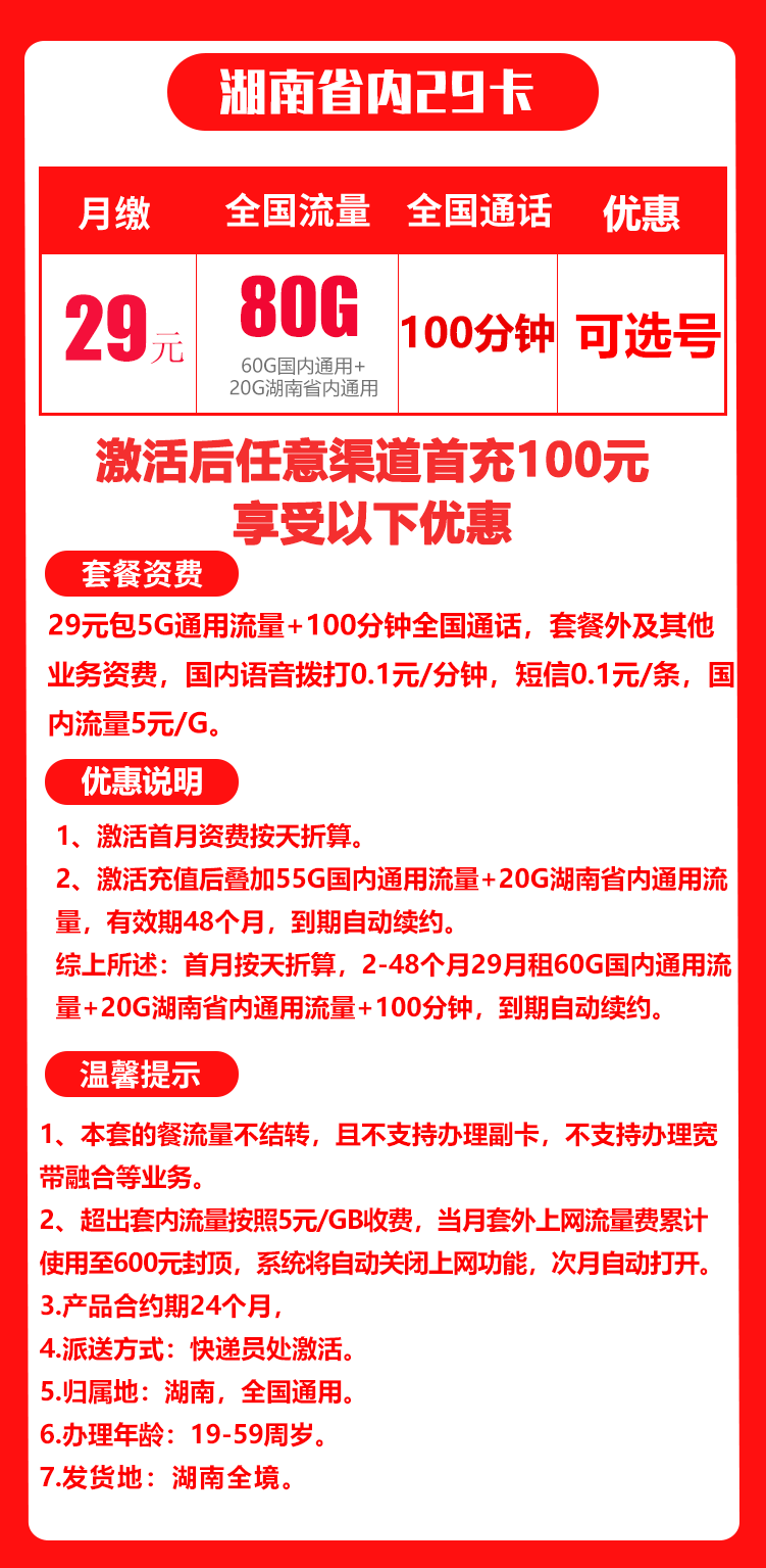 联通湖南省内29卡29元/月:80G流量+100分钟通话(长期套餐,仅发湖南省内,可选号)