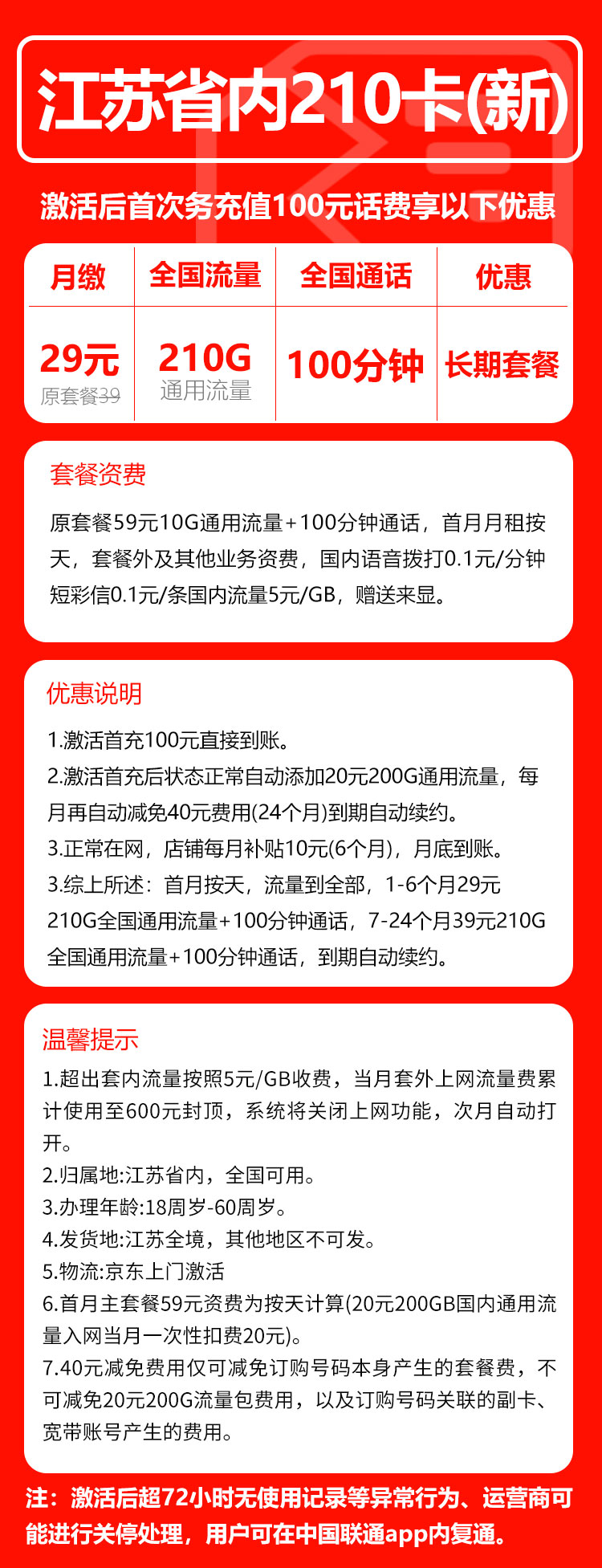 联通江苏省内210卡③29元/月：210G流量+100分钟通话（第7个月起39元月租，长期套餐，仅发江苏省内，可选号）