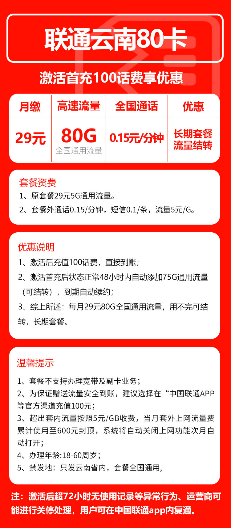 联通云南省内80卡29元/月:80G流量+通话0.15元/分钟(长期套餐,流量可结转,仅发云南省内)