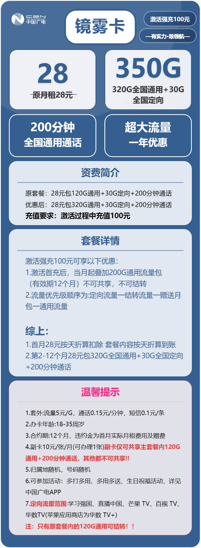 广电镜雾卡28元/月:350G流量+200分钟通话(长期套餐)