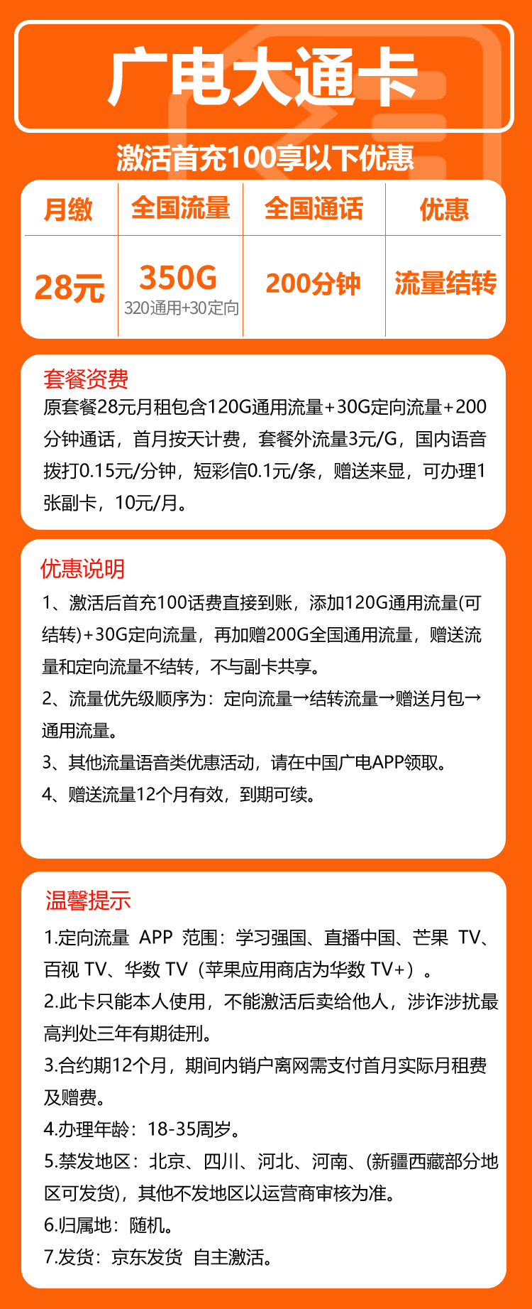 广电大通卡①28元/月：350G流量+200分钟通话（长期套餐）