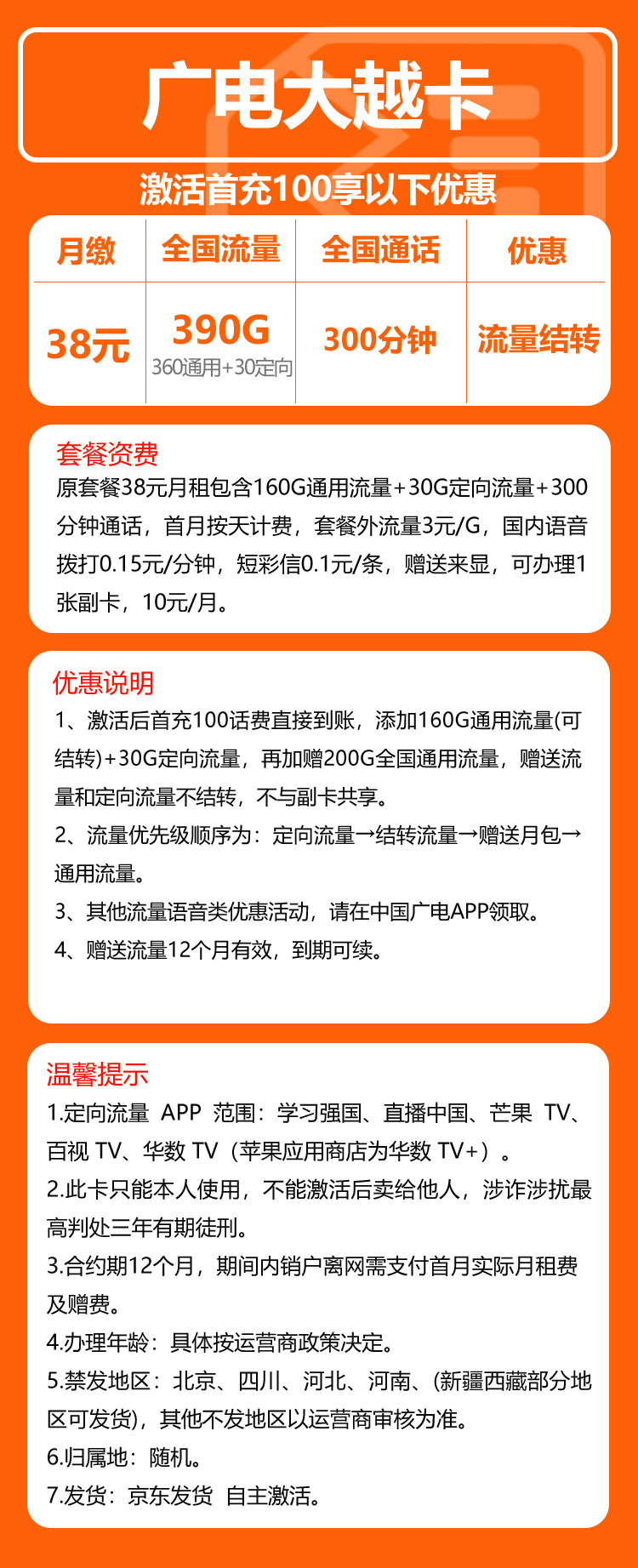 广电大越卡②38元/月:390G流量+300分钟通话(长期套餐)