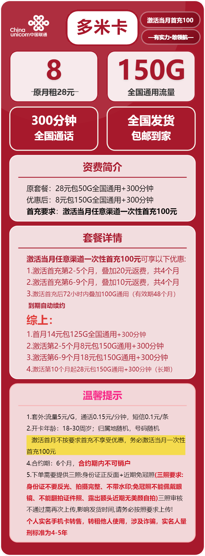 联通多米卡8元/月：150G流量+300分钟通话（第6个月起18元月租，第10个月起28元月租，长期套餐）