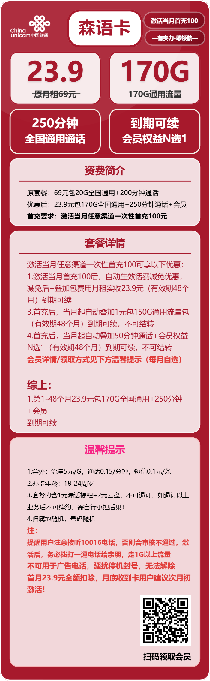 联通森语卡23.9元/月：170G流量+250分钟通话+会员（长期套餐，送长期视频会员，需提供公安码）