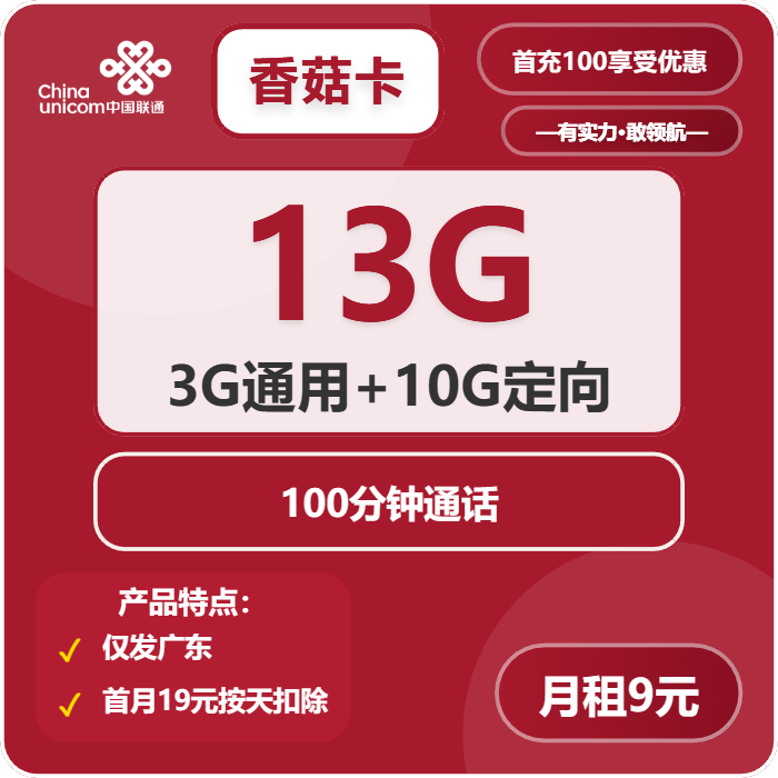 联通香菇卡9元/月：13G流量+100分钟通话（第7个月起19元月租，长期套餐，仅发广东省内，可选号）
