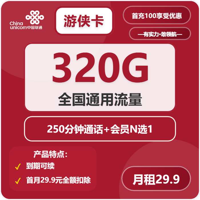联通游侠卡29.9元/月：320G流量+250分钟通话+会员（长期套餐，送长期视频会员，需提供公安码）