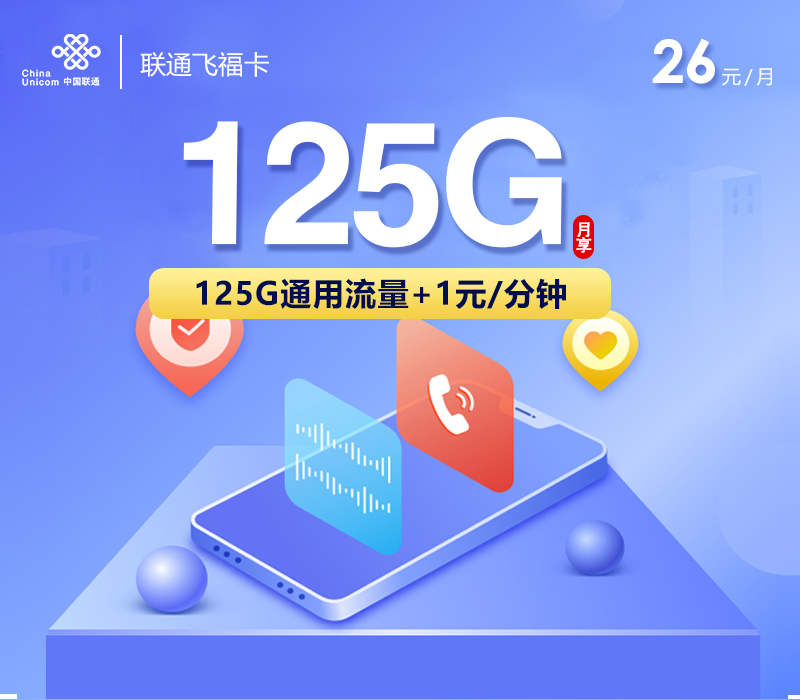 联通飞福卡26元/月：125G流量+通话1元/分钟（长期套餐）