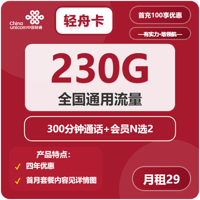 联通轻舟卡29元/月：230G流量+300分钟通话+双会员（4年套餐，送4年视频会员，需提供一证通查）
