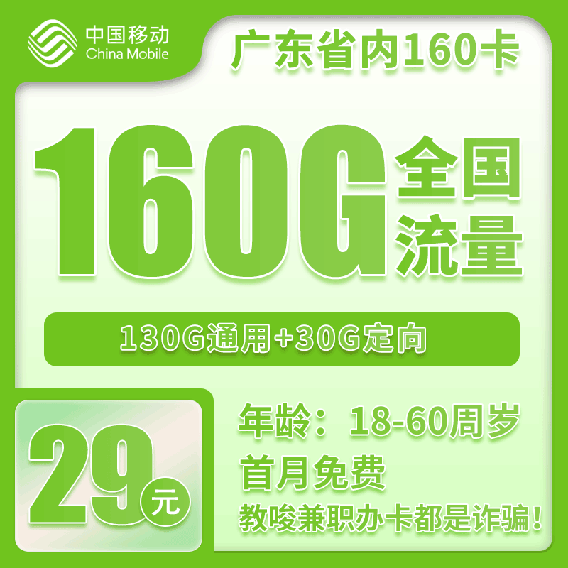 移动广东省内160卡③29元/月：160G流量+通话0.19元/分钟（2年套餐，收货地为归属地，仅发广东省内，可选号）