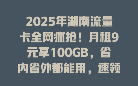 2025年湖南流量卡全网疯抢！月租9元享100GB，省内省外都能用，速领！