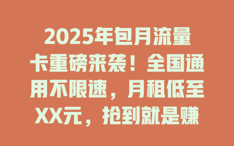 2025年包月流量卡重磅来袭！全国通用不限速，月租低至XX元，抢到就是赚到！