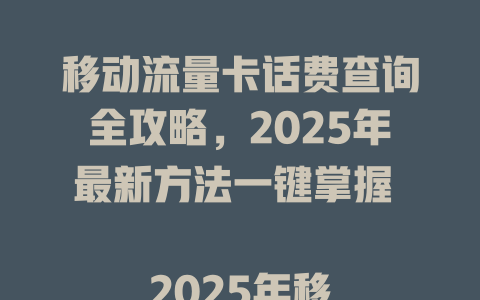 移动流量卡话费查询全攻略，2025年最新方法一键掌握  

2025年移动流量卡查话费技巧，省钱省心超简单  

移动流量卡话费查询神器，2025年必备工具大公开  

2025年最新！