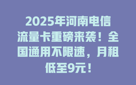 2025年河南电信流量卡重磅来袭！全国通用不限速，月租低至9元！