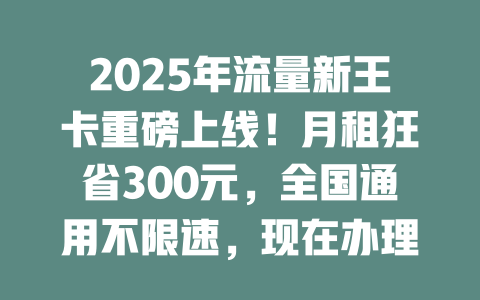 2025年流量新王卡重磅上线！月租狂省300元，全国通用不限速，现在办理还送100GB！