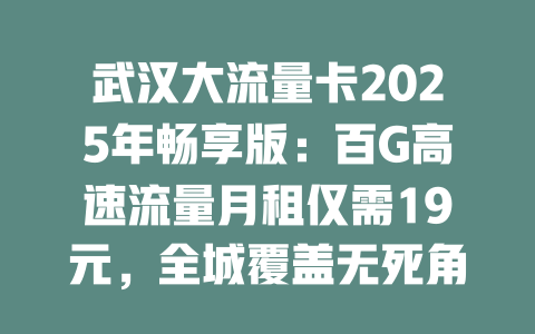 武汉大流量卡2025年畅享版：百G高速流量月租仅需19元，全城覆盖无死角！