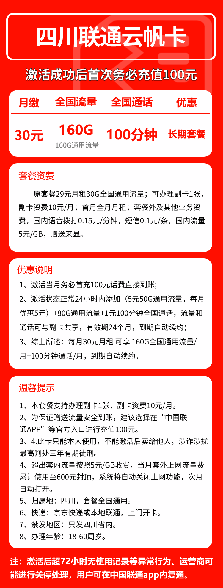 联通四川云帆卡30元/月:160G流量+100分钟通话(长期套餐,仅发四川省内)