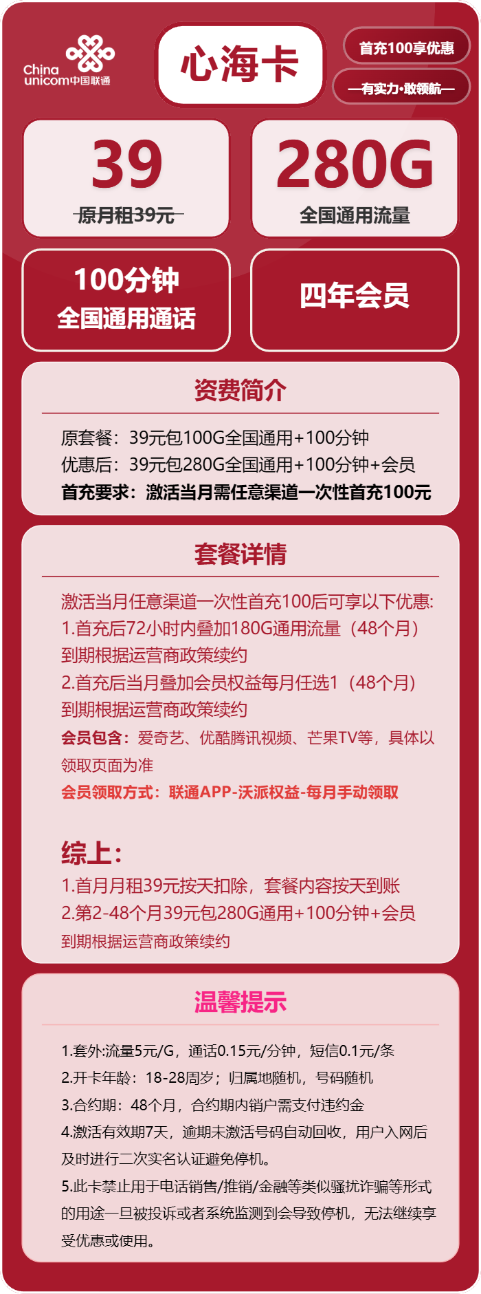 联通心海卡39元/月:280G流量+100分钟通话+会员(4年套餐,送4年视频会员)