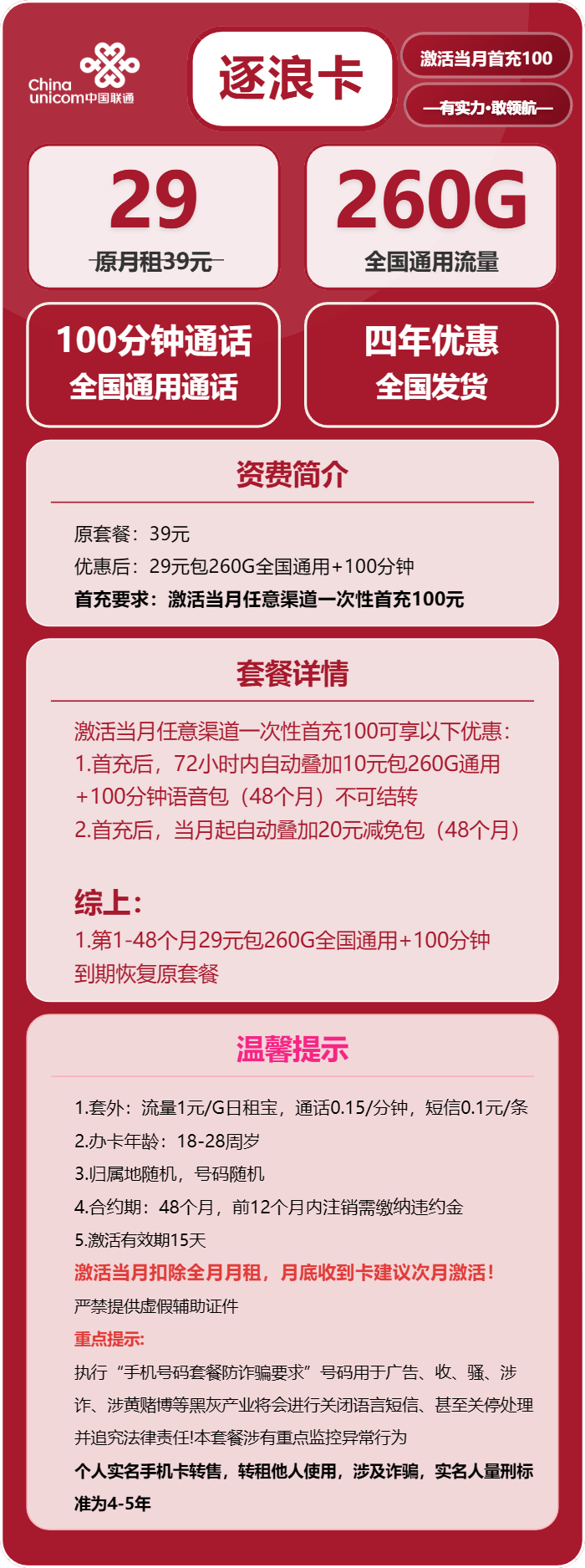 联通逐浪卡29元/月:260G流量+100分钟通话(4年套餐,需提供学生证)