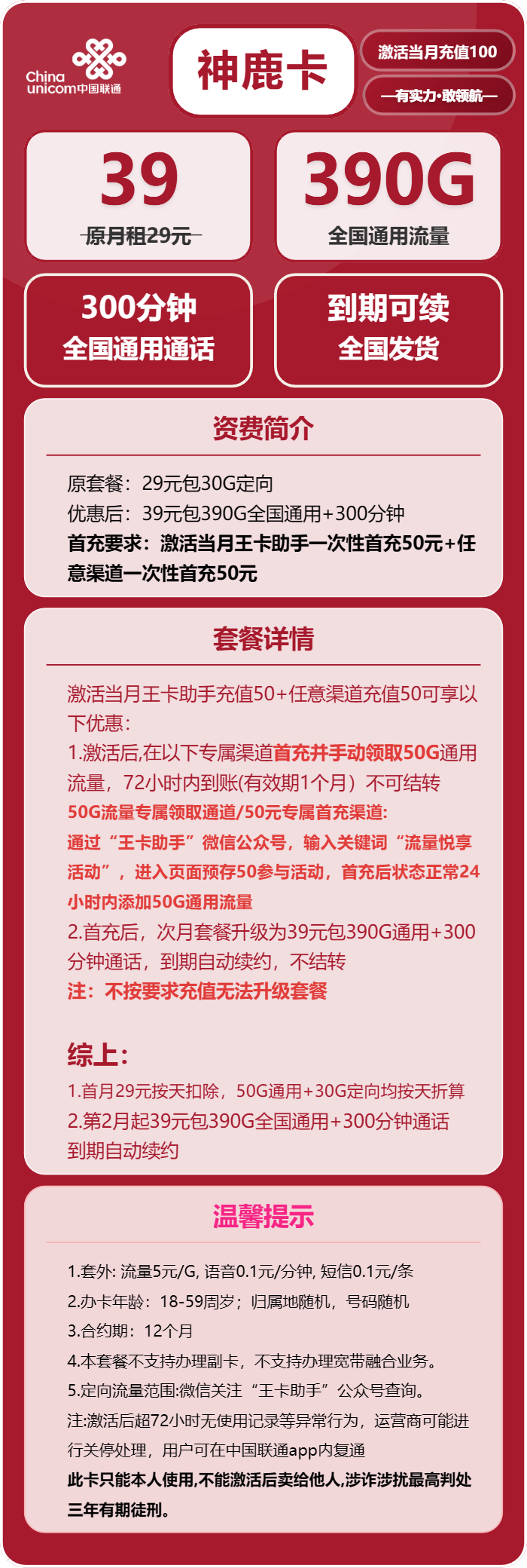 联通神鹿卡39元/月:390G流量+300分钟通话(长期套餐,先激活充值后发货)