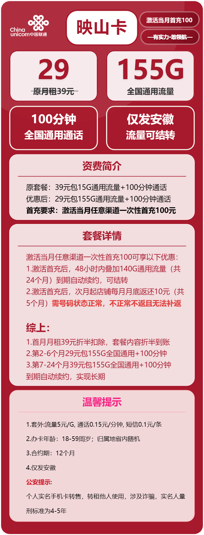 联通映山卡29元/月:155G流量+100分钟通话(第7个月起39元月租,长期套餐,仅发安徽省内,可选号)