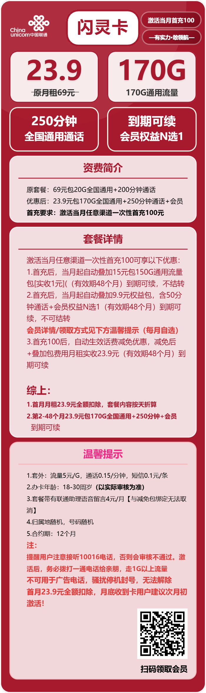 联通闪灵卡23.9元/月：170G流量+250分钟通话+会员（长期套餐，需提供公安码）
