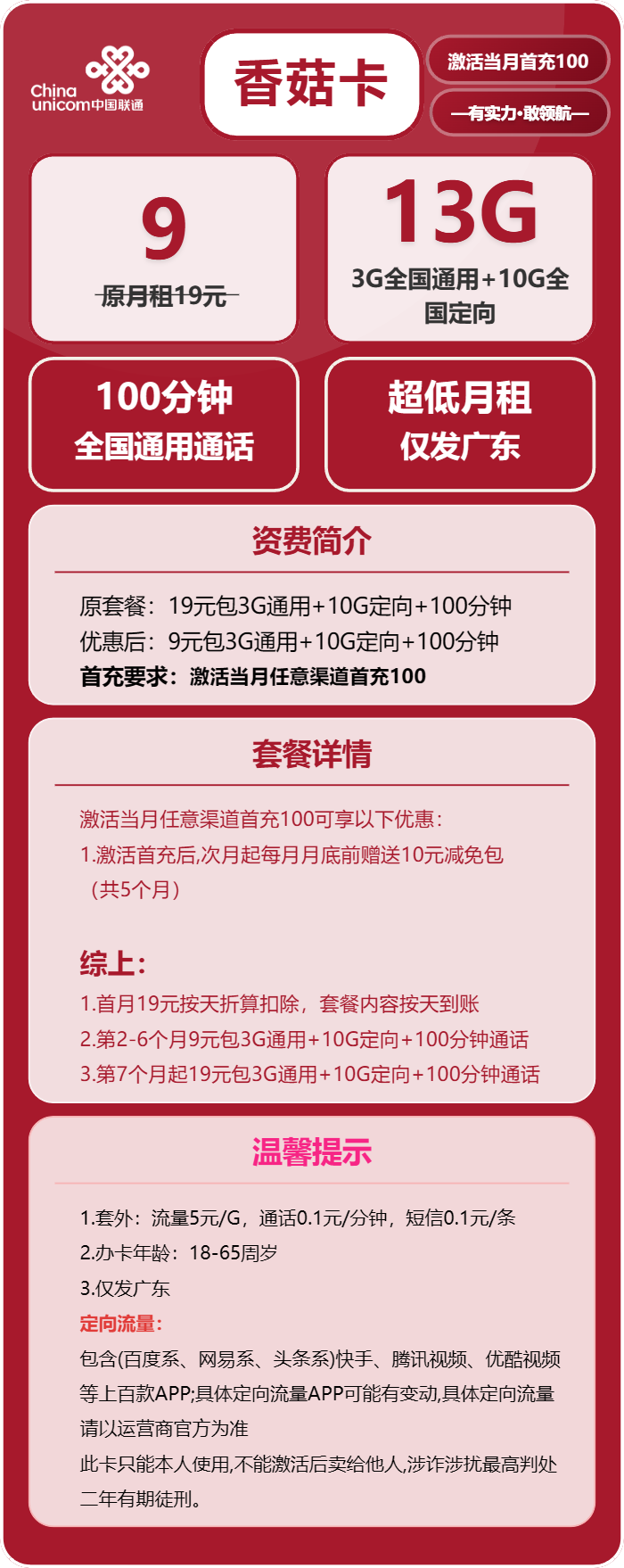 联通香菇卡9元/月:13G流量+100分钟通话(第7个月起19元月租,长期套餐,仅发广东省内,可选号)
