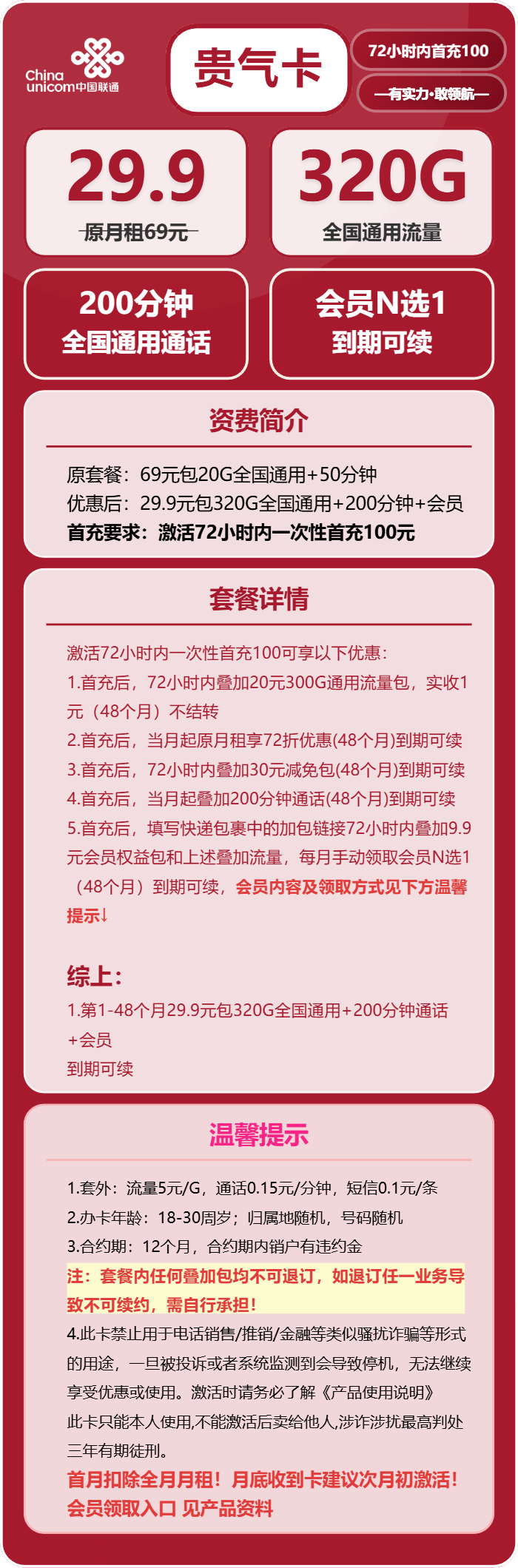 联通贵气卡29.9元/月:320G流量+200分钟通话+会员(长期套餐,送长期视频会员,需提供公安码)