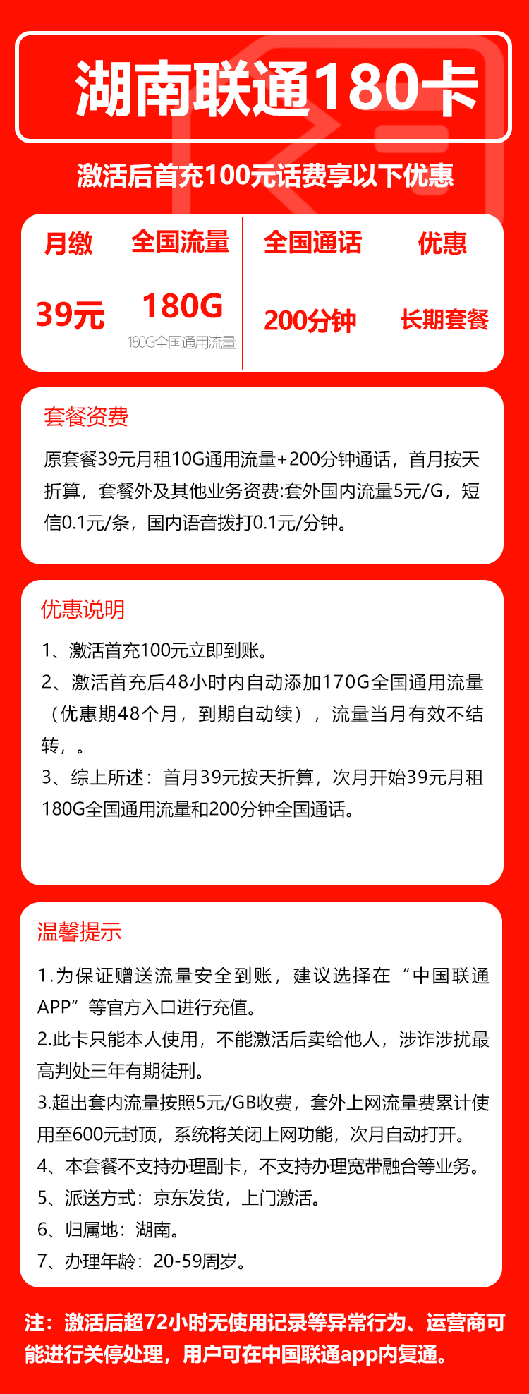联通湖南省内180卡39元/月:180G流量+200分钟通话(长期套餐,仅发湖南省内,可选号)