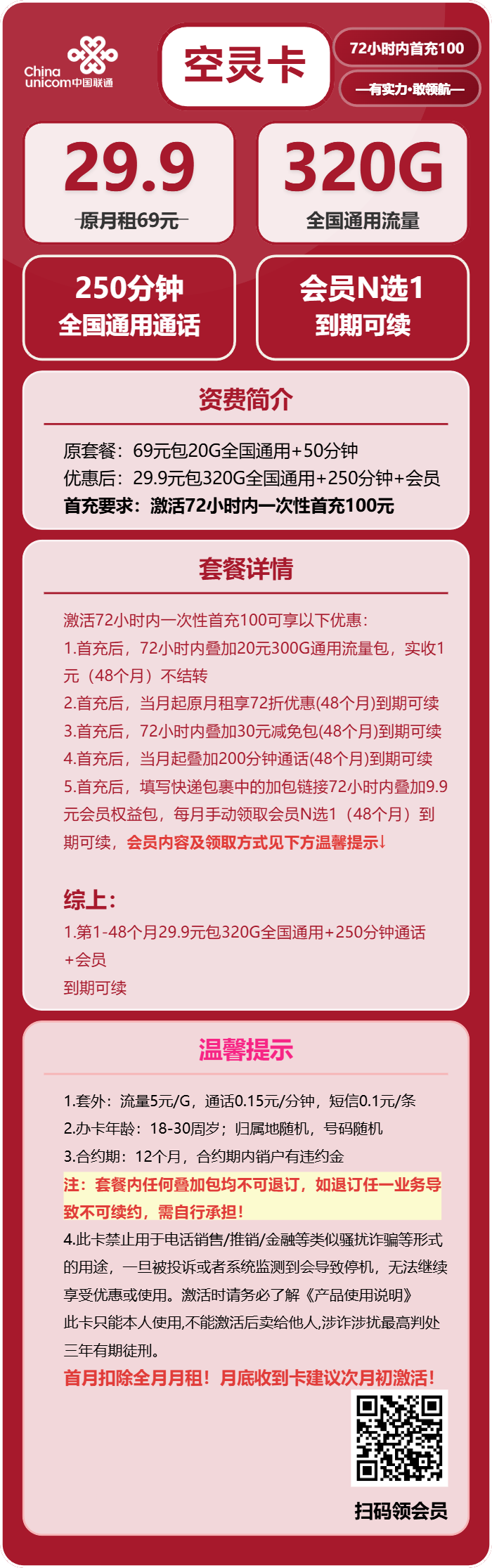 联通空灵卡29.9元/月：320G流量+250分钟通话+会员（长期套餐，送长期视频会员，需提供公安码）