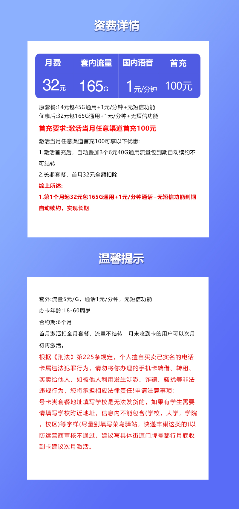 联通飞哲卡32元/月:165G流量+通话1元/分钟(长期套餐)