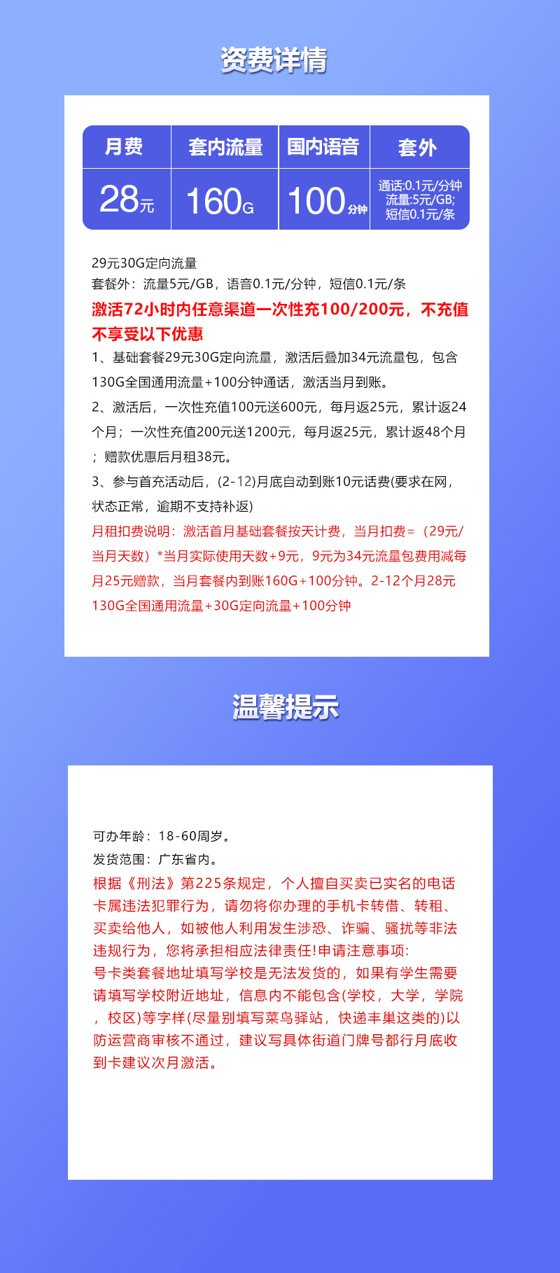 联通广东专享卡28元/月:160G流量+100分钟通话(第13个月起38元月租,4年套餐,仅发广东省内)