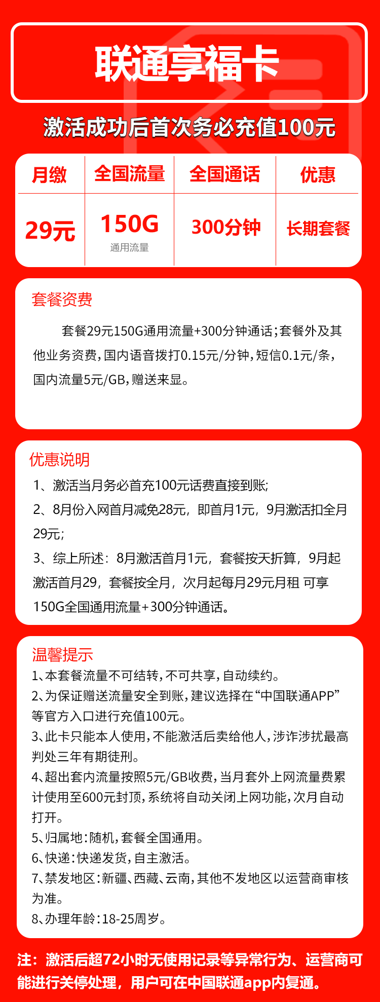 联通享福卡29元/包:150G+300分钟通话(长期套餐,可发北京市)