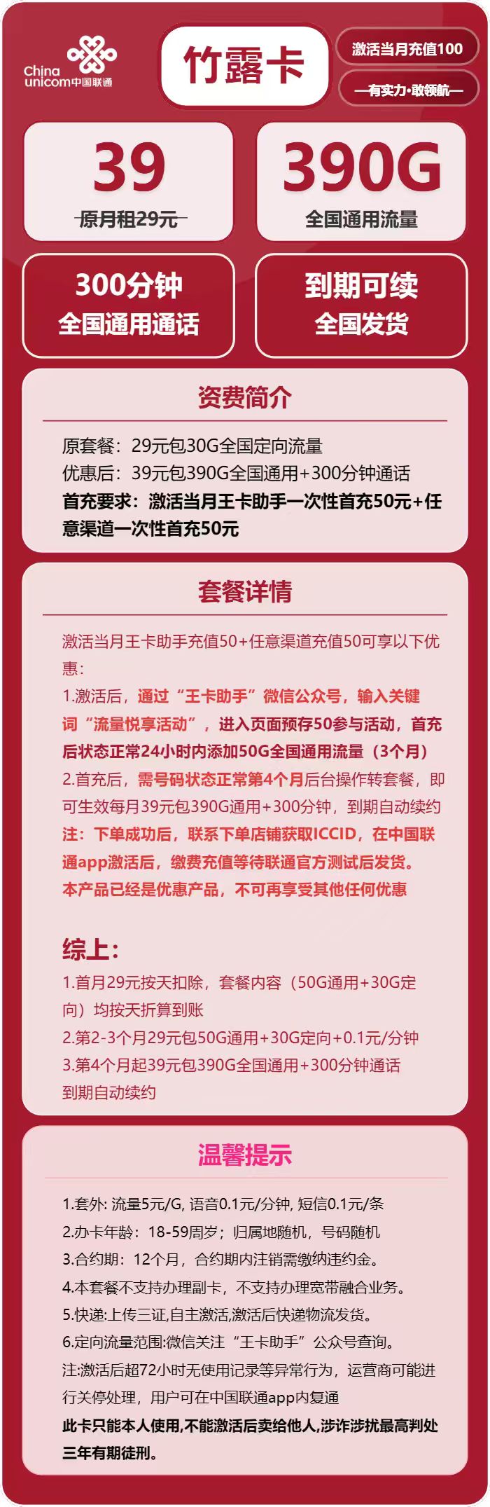 联通竹露卡39元/月:390G流量+300分钟通话(长期套餐,先激活充值后发货)