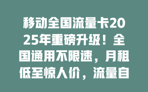 移动全国流量卡2025年重磅升级！全国通用不限速，月租低至惊人价，流量自由随心享！