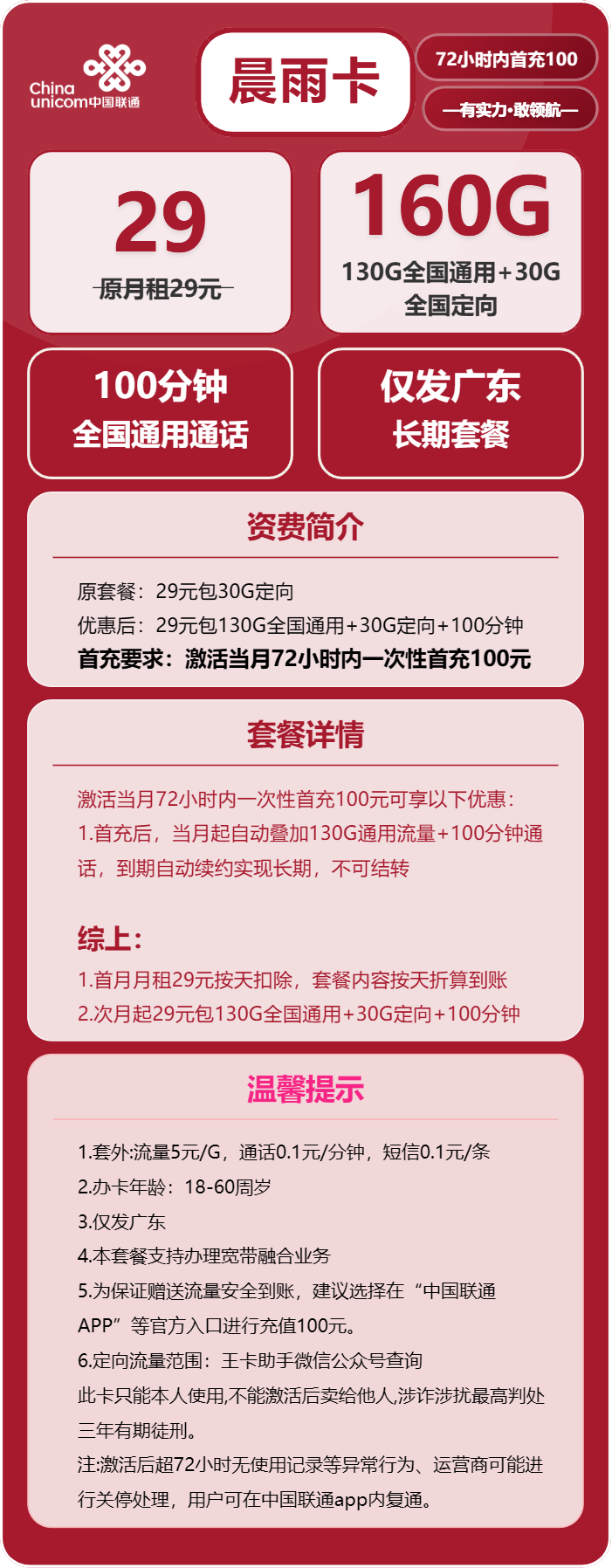 联通晨雨卡29元/月：160G流量+100分钟通话（长期套餐，仅发广东省内）