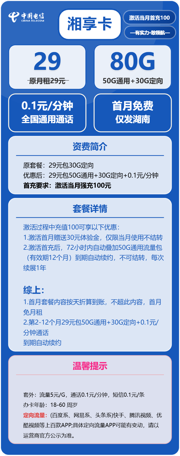 电信湘享卡29元/月:80G流量+通话0.1元/分钟(长期套餐)